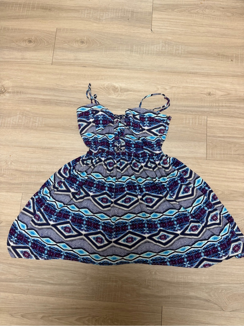 Blue Tribal Print Lace-Up Bustier Skater Dress